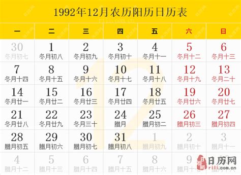 1992年12月10日|1992年日历表,1992年农历表（阴历阳历节日对照表）